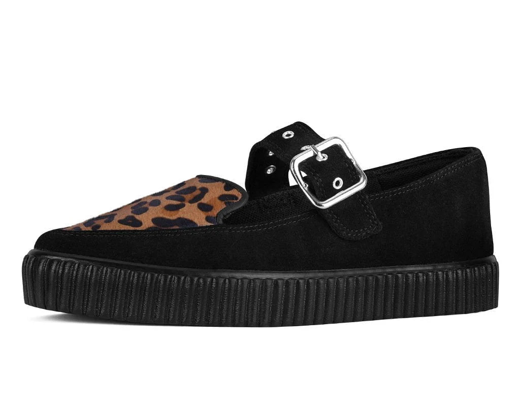 TUK Black Suede Leopard Pointed Mary Jane Creeper Sneaker