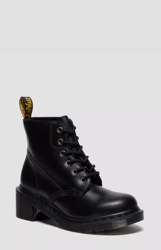 Black leather boot with yellow logo on a white background