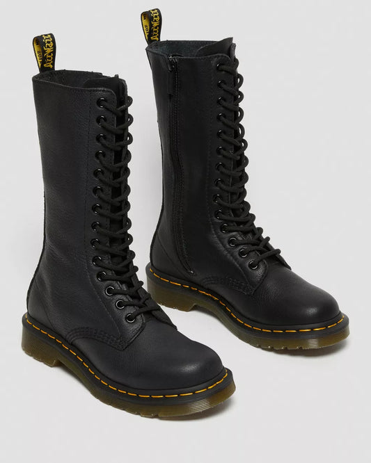Black lace-up boots with yellow accents on a white background