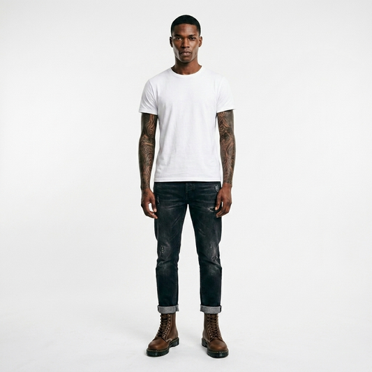A man modeling a white crew-neck t-shirt, dark wash jeans, and brown leather boots against a plain white studio background.