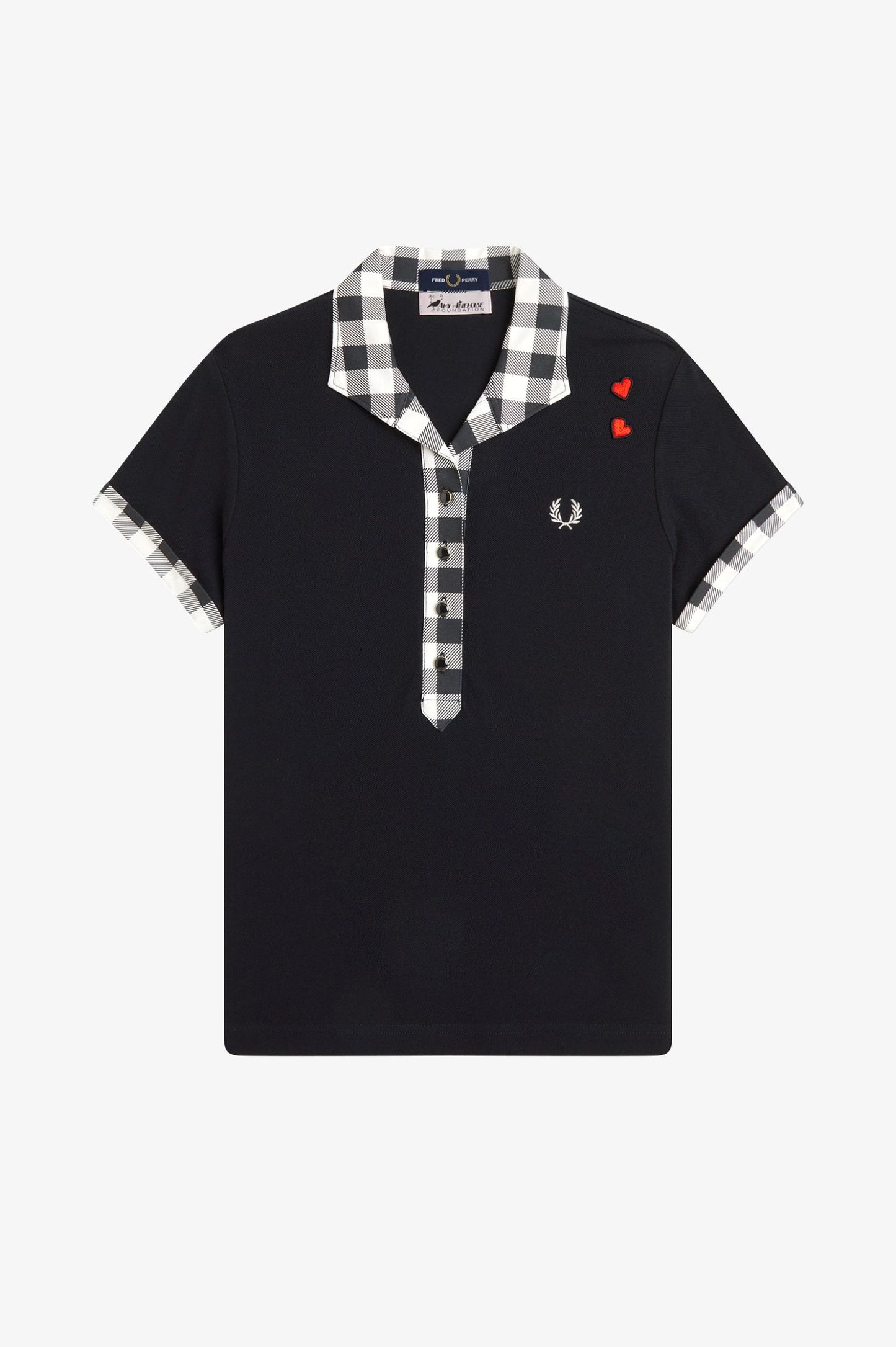 Black polo shirt with checkered collar and sleeve trim on a white background