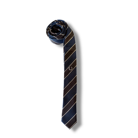 Navy striped tie with a small logo on a white background