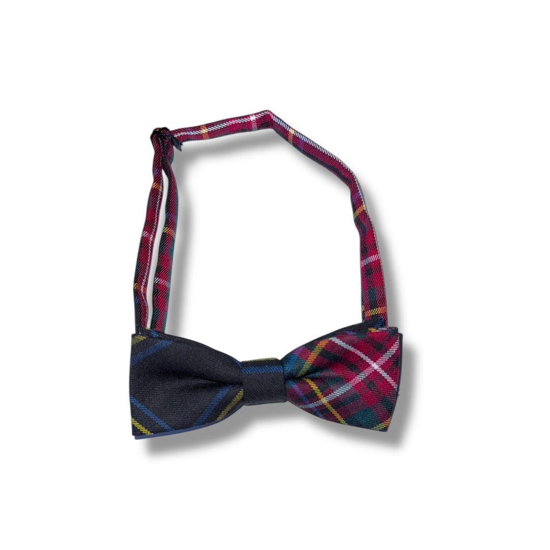 A black and red tartan patterned bow tie against a white background.