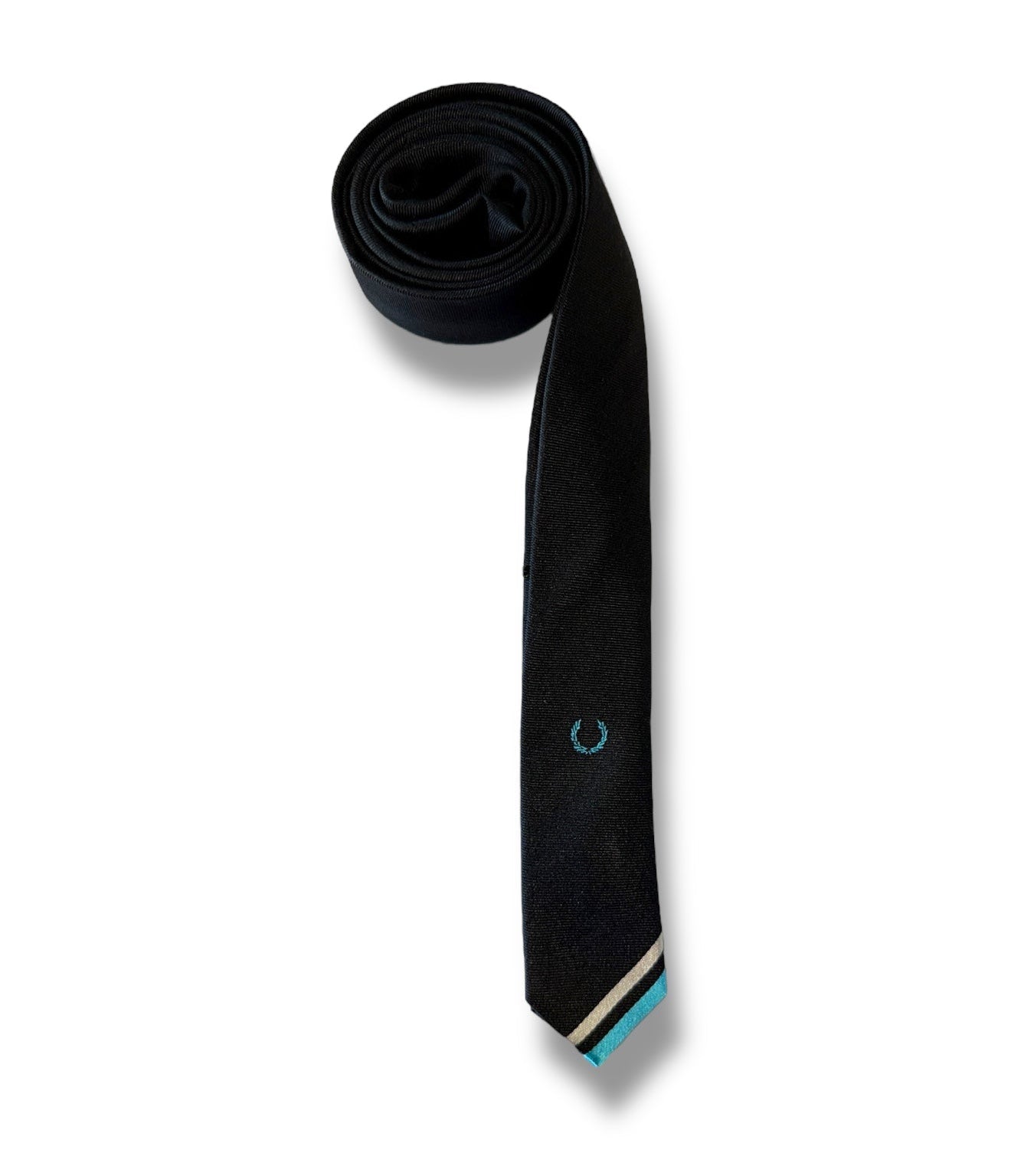 Black tie with blue pattern on a white background
