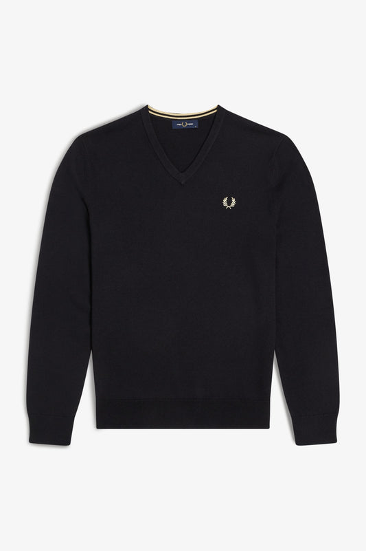 Black V-neck sweater with a small logo on a white background