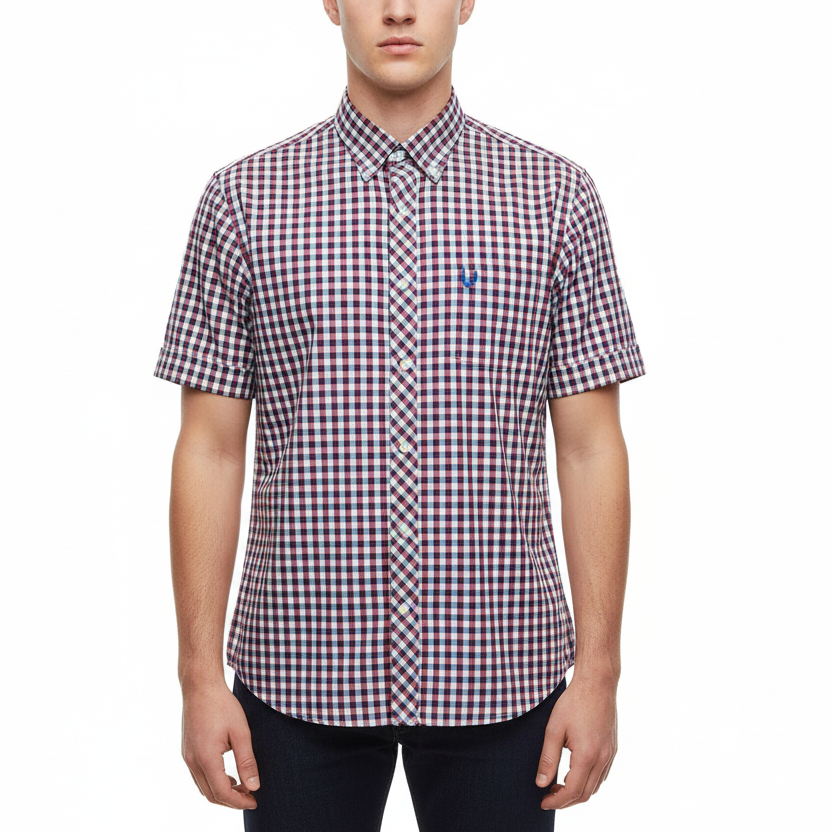 Person wearing a checkered short-sleeve shirt on a white background