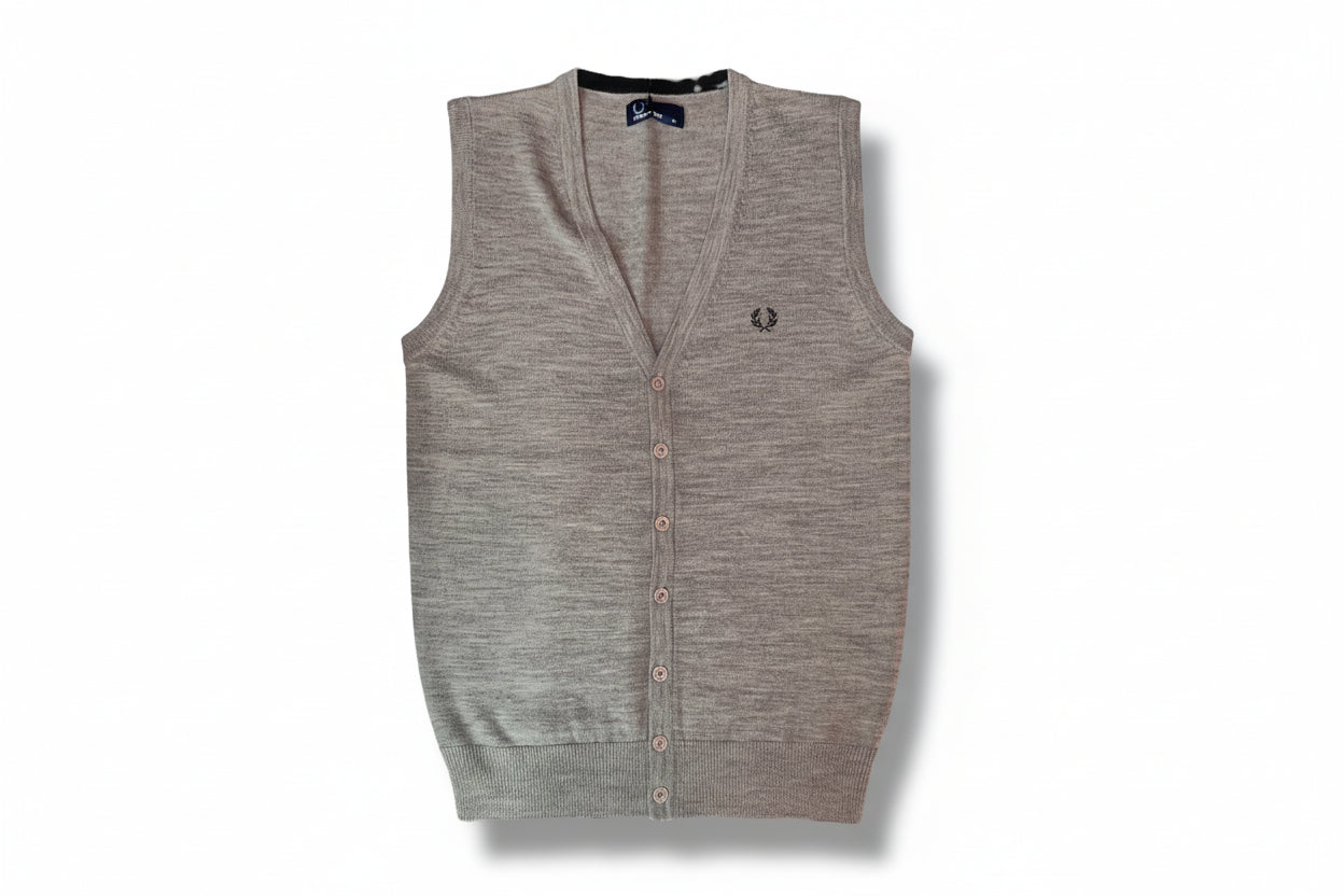 A gray Fred Perry button down vest with a V-neck, featuring a front cable detail and chunky rib neck trim.