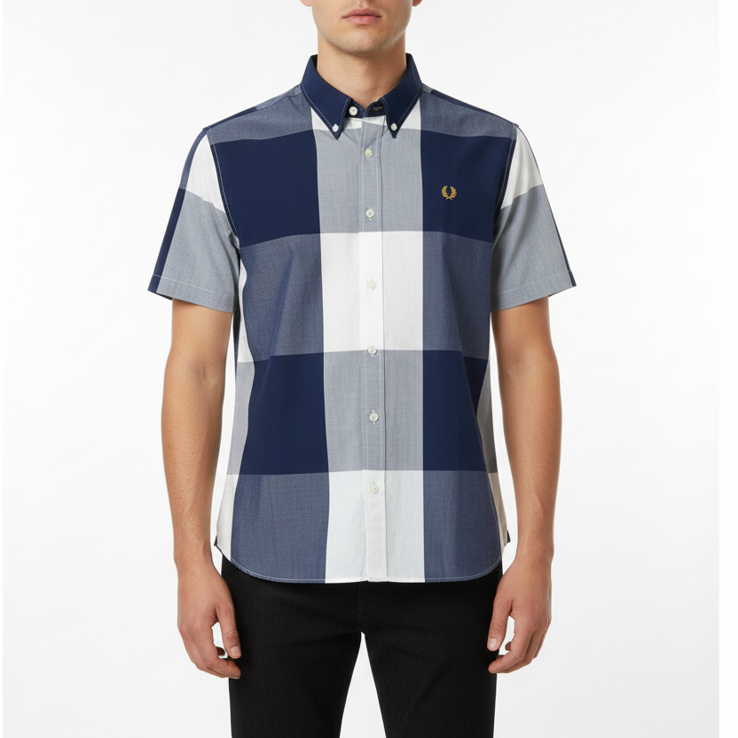 Person wearing a checkered shirt with a brand logo on a white background