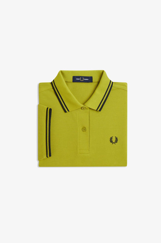 Yellow polo shirt with black accents on a white background