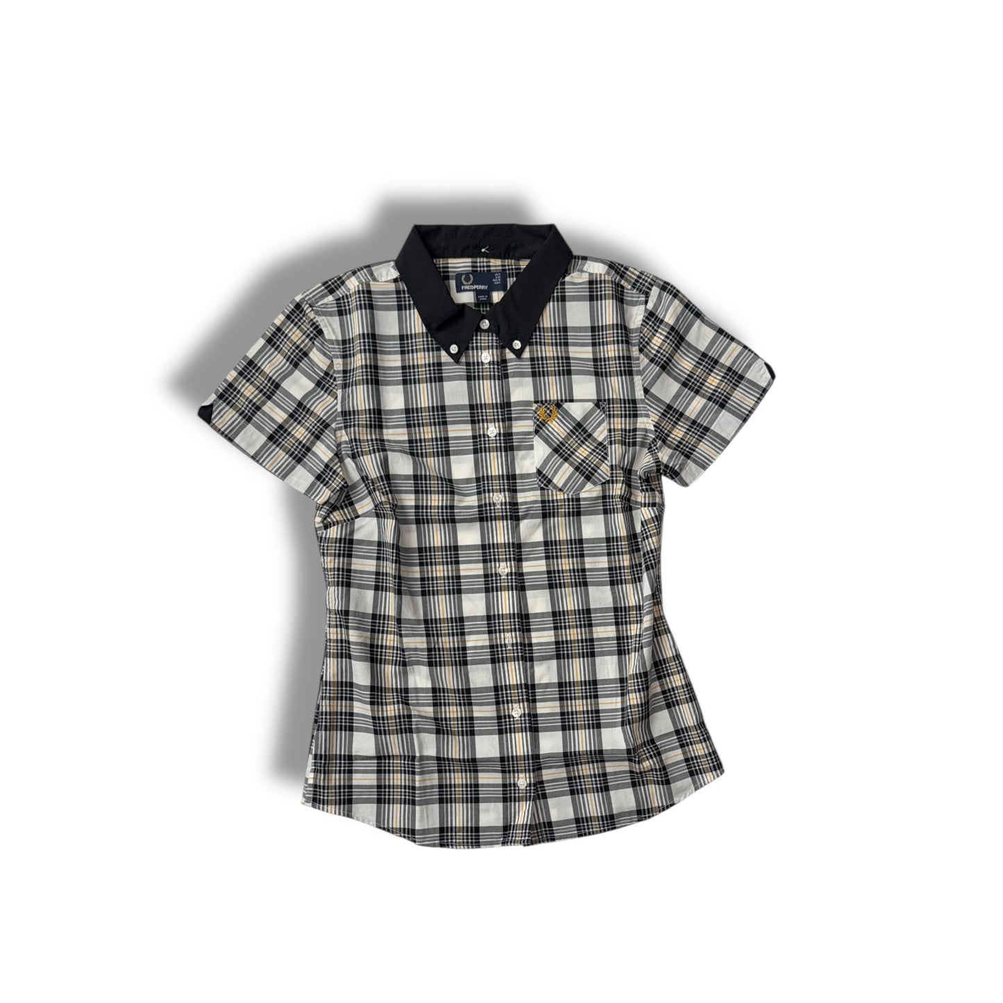 A short-sleeved checkered shirt with a collar, button-up front, and a chest pocket.