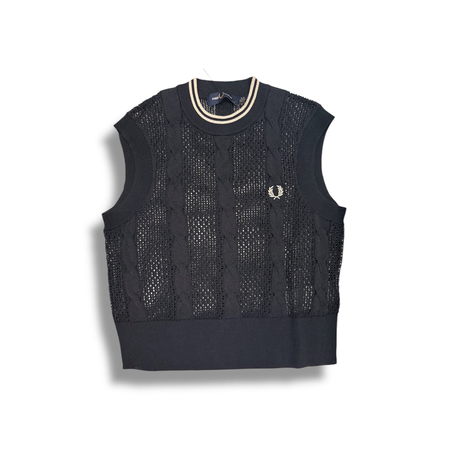 Black knit vest with a brand logo on a white background