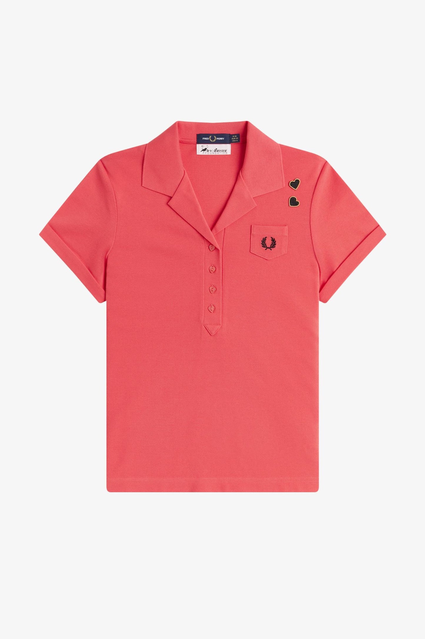 Red polo shirt with a brand logo on a white background