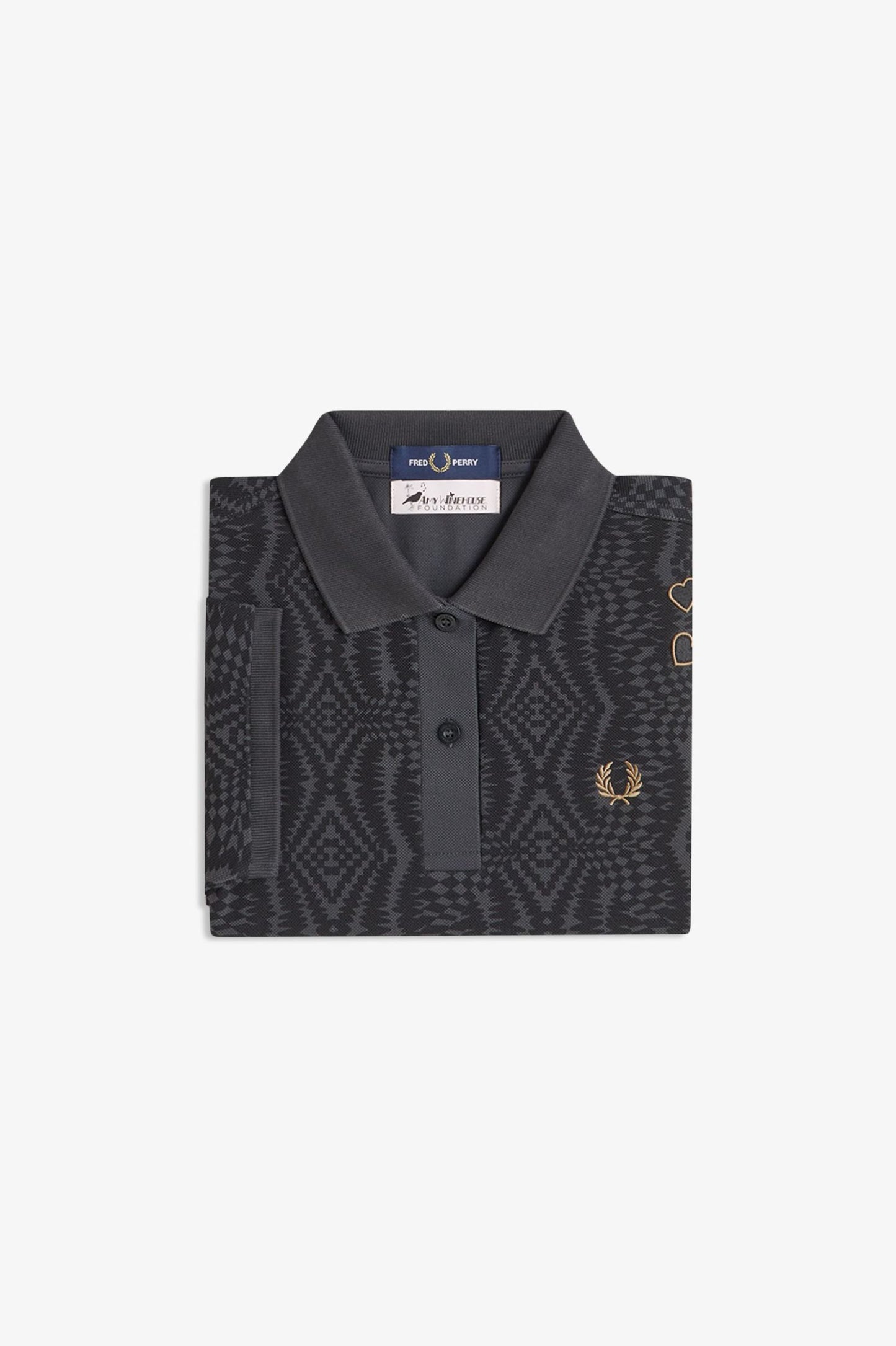 Black patterned polo shirt with embroidered design on a white background