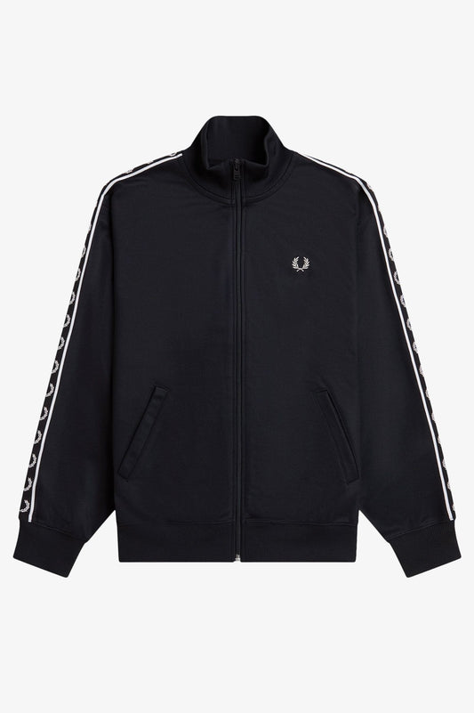 Black tracksuit jacket with white stripes on sleeves and brand logo on a white background