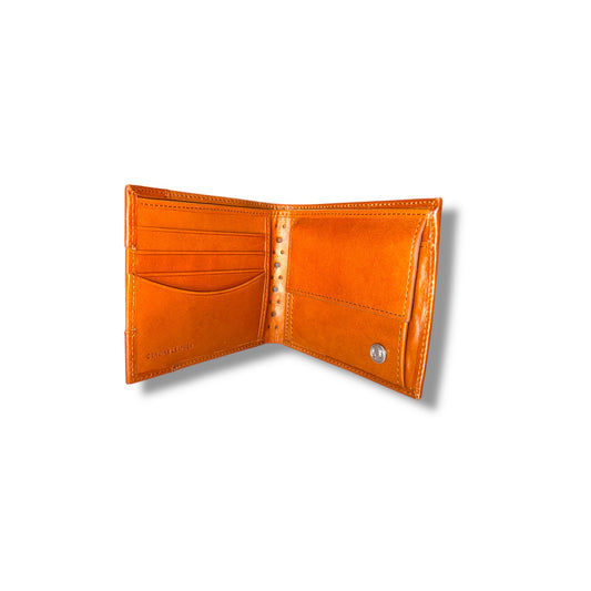 Orange leather wallet open on a white background