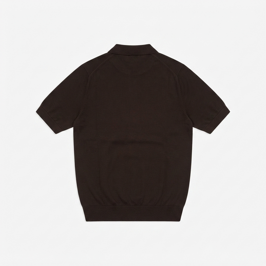 A dark brown short-sleeve knit polo shirt shown from the back, laid flat against a light gray background.