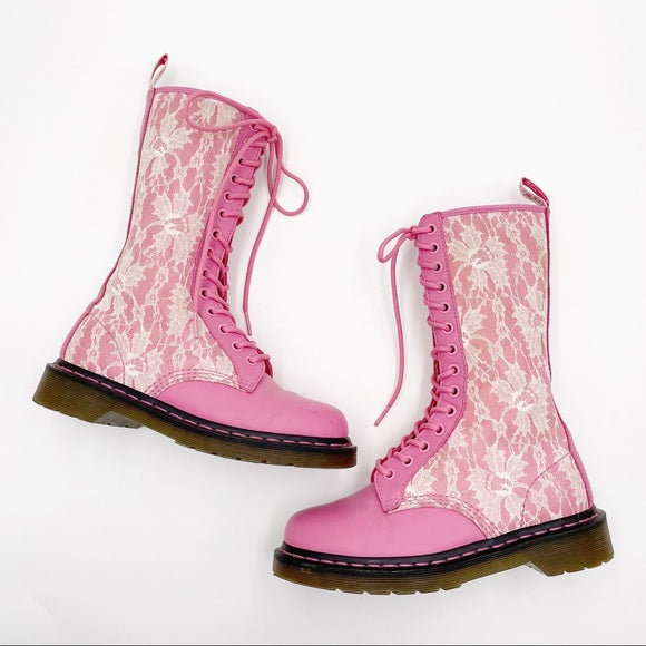 1914 W CANDY PINK+WHITE MODS LACE TALL BOOTS