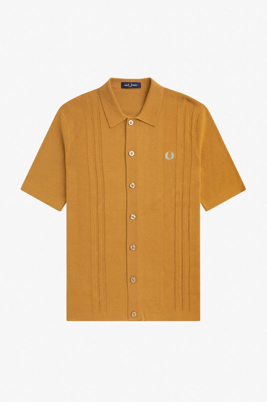 Fred Perry Button Through Knitted Shirt Dark Caramel