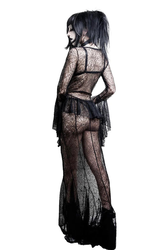 Lip service gothic-style outfit with sheer black lace top and skirt on a white background