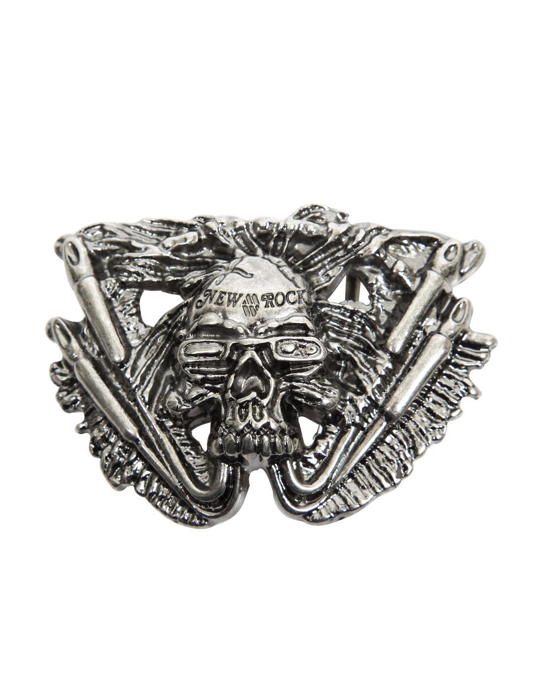 Metallic skull design with 'New Rock' branding on a white background