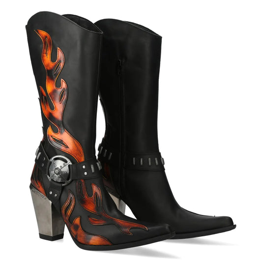 Black cowboy boots with orange flame design and metal accents on a white background