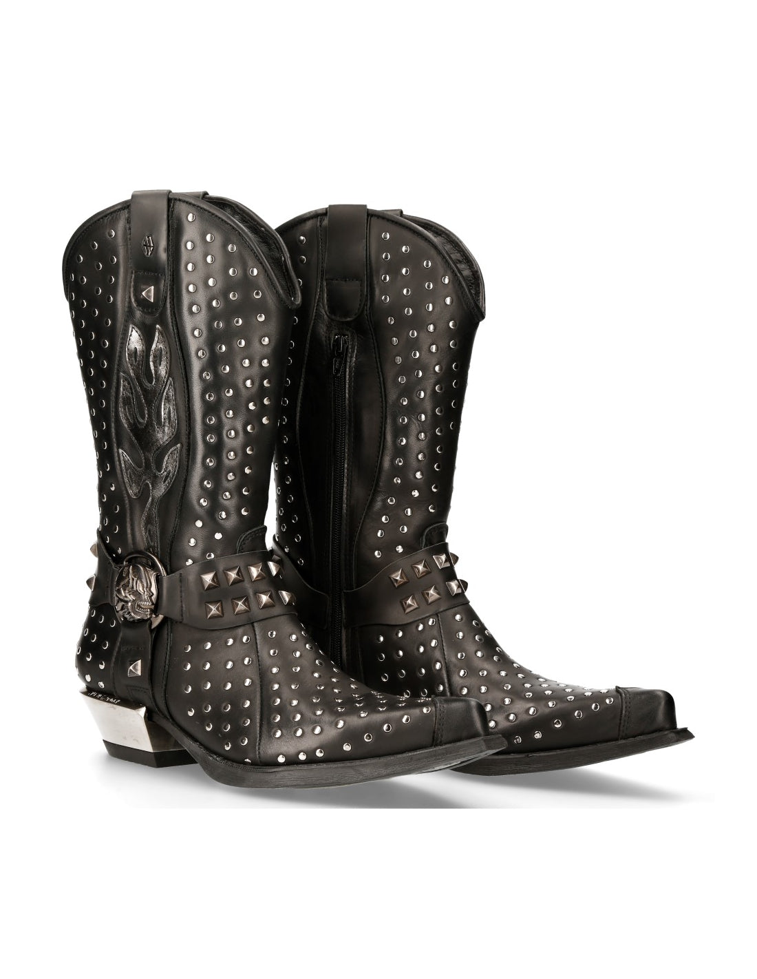 Black studded cowboy boots on a white background