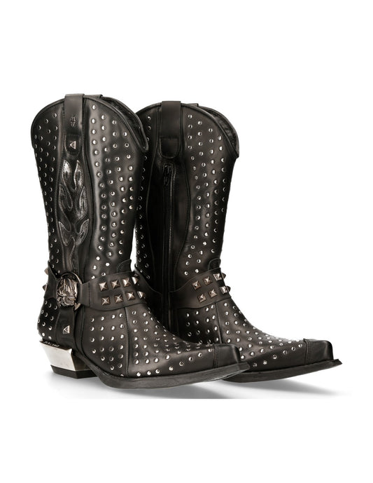 Black studded cowboy boots on a white background