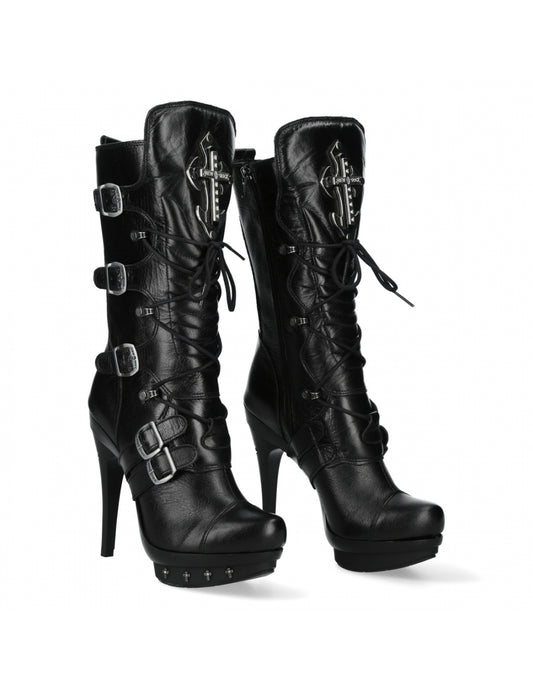 Black high-heeled boots with buckles on a white background