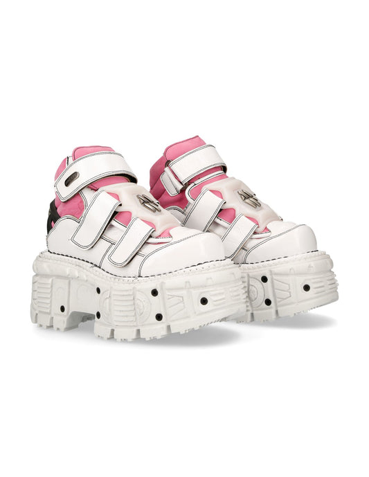White and pink sneakers with chunky sole on a white background