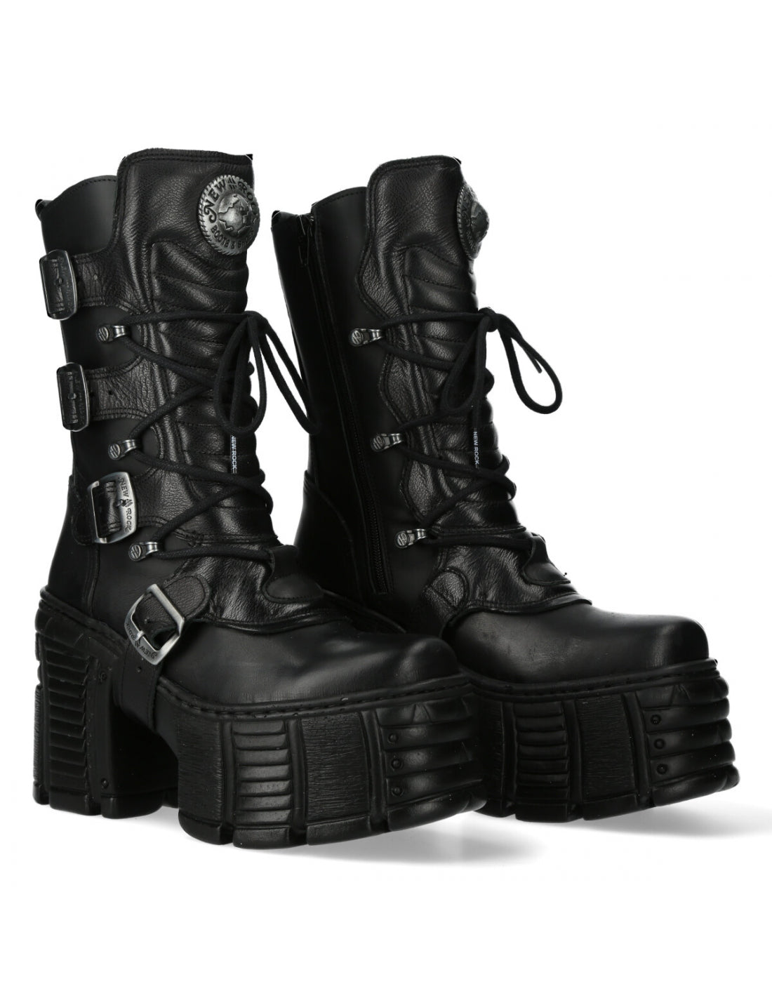 Black leather platform boots with buckles on a white background