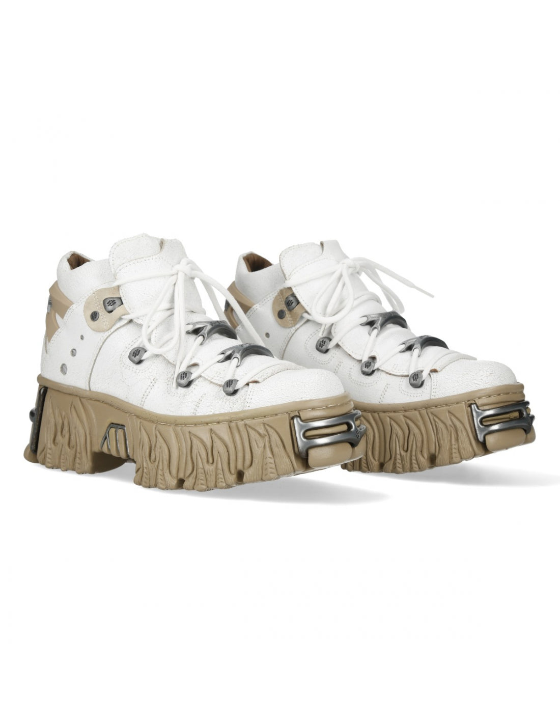 White high-top sneakers with brown soles on a white background