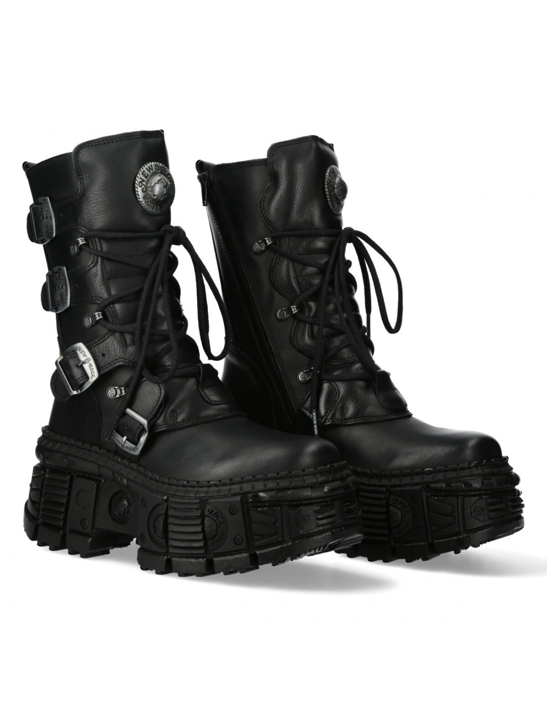 Pair of black leather boots with buckles and laces on a white background