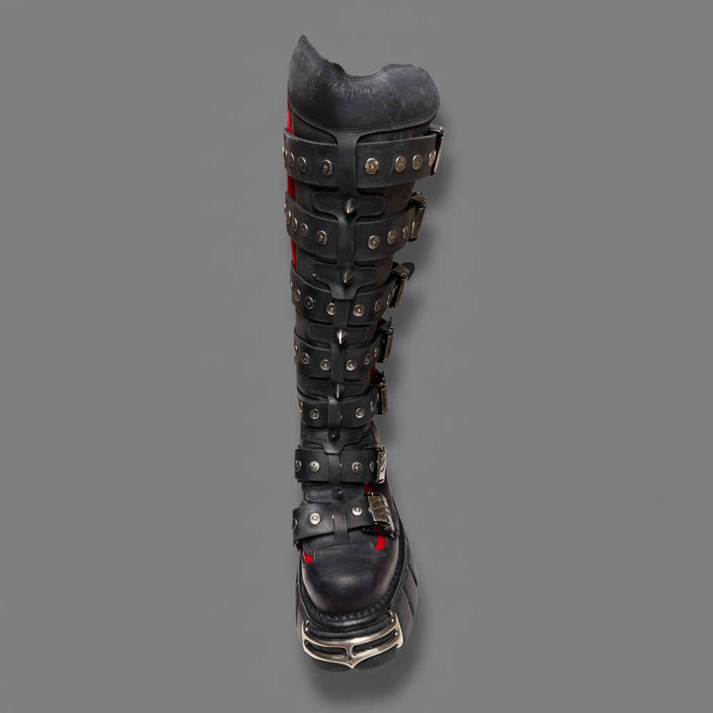 Black knee-high boot with metallic accents and red accents on a white background