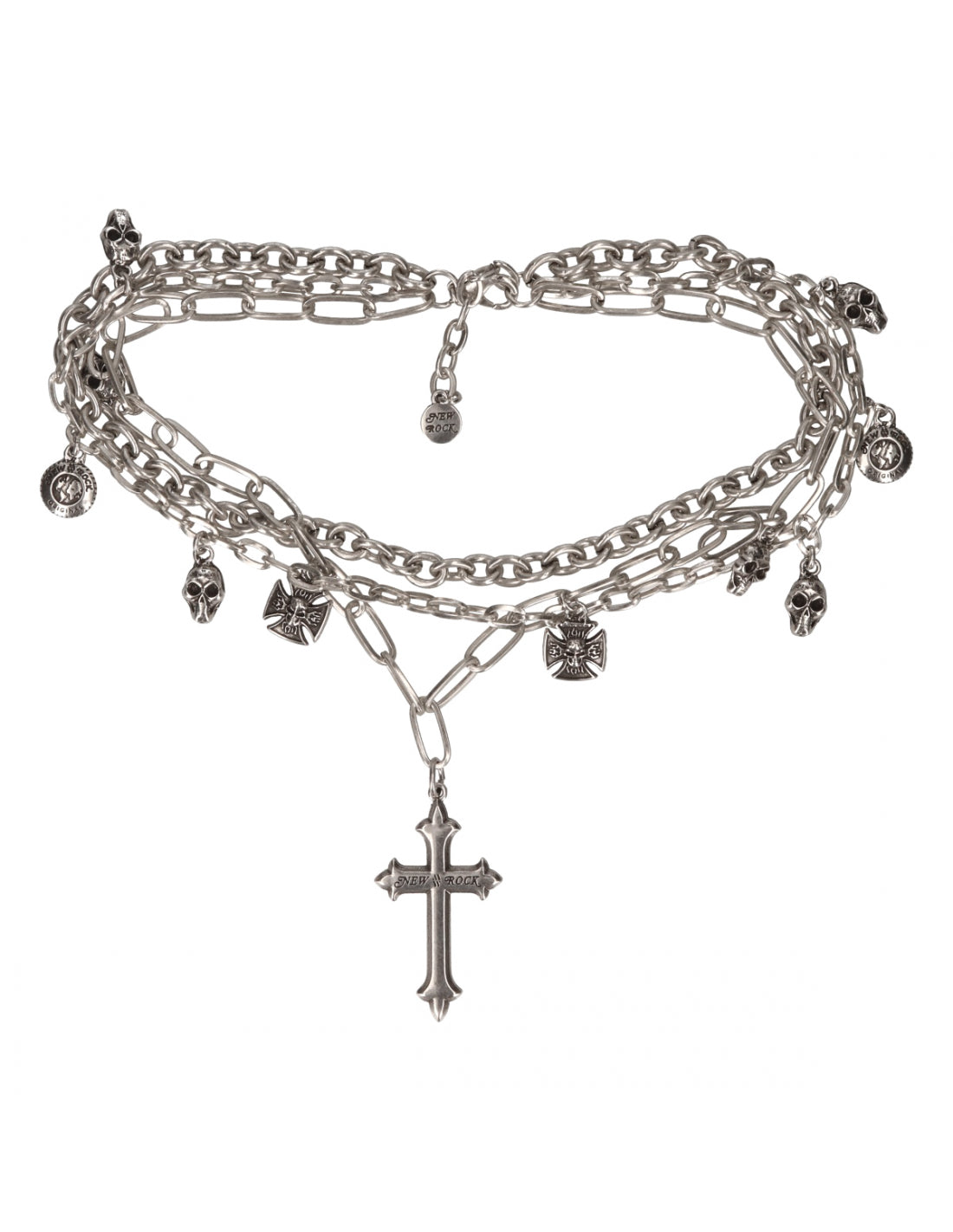 Multi-layered silver bracelet with charms and a cross pendant on a white background