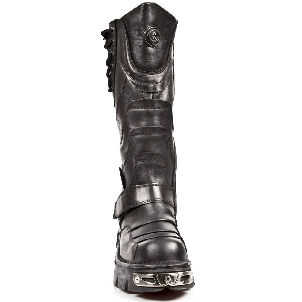 Black leather boot with metallic accents on a white background