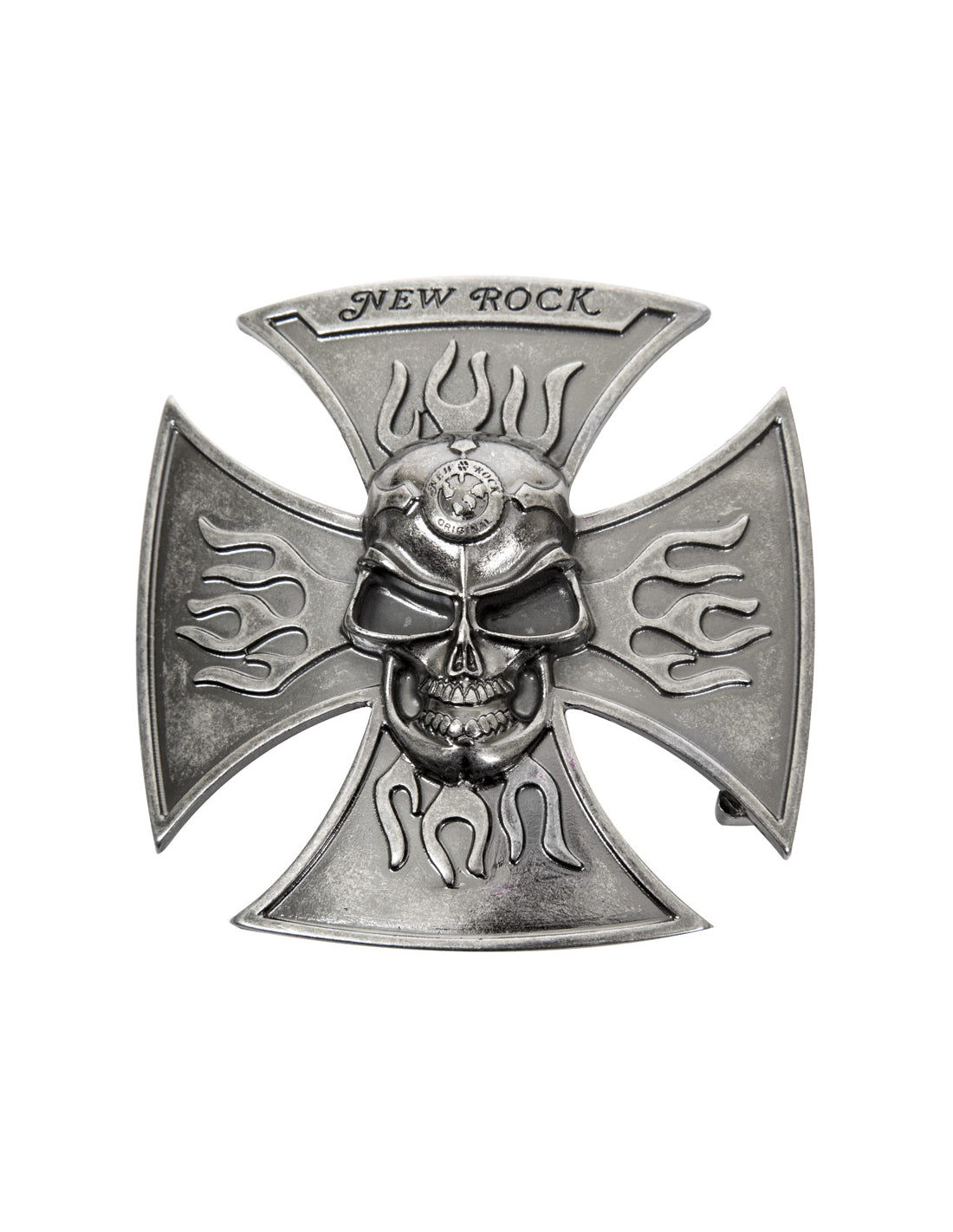 Metallic cross with skull design and 'New Rock' branding on a white background