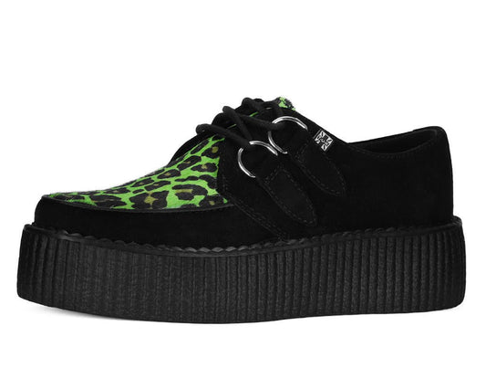 Black platform sneaker with green leopard print on a white background