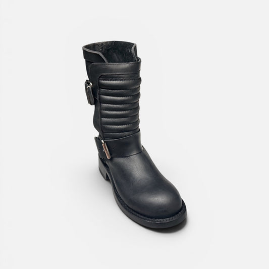 Black leather boot on a white background