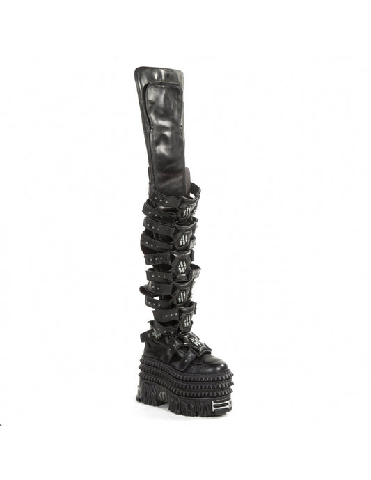 Black knee-high boot with multiple straps on a white background