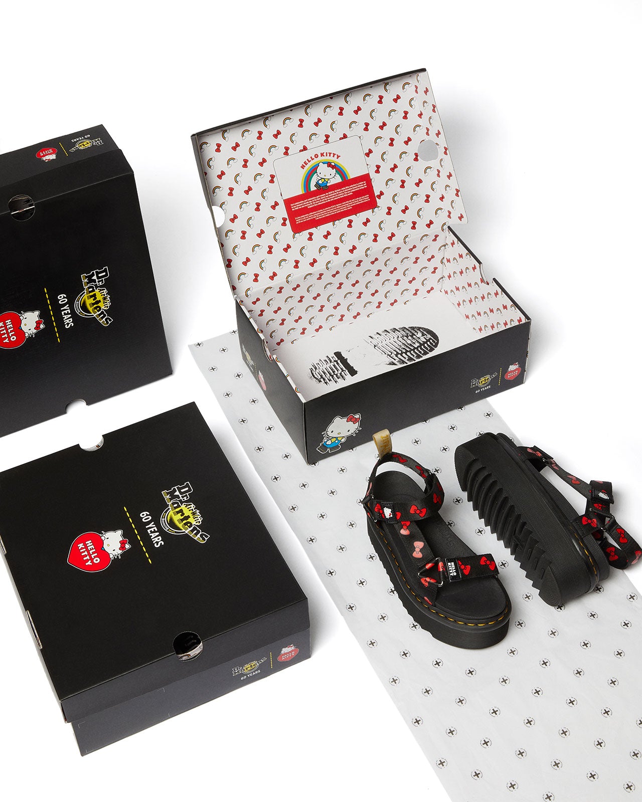 VEGAN HELLO KITTY SANDAL BLACK+RED HK BOW WEBBING