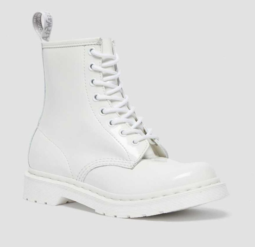 1460 MONO WHITE PATENT LEATHER LACE UP BOOTS