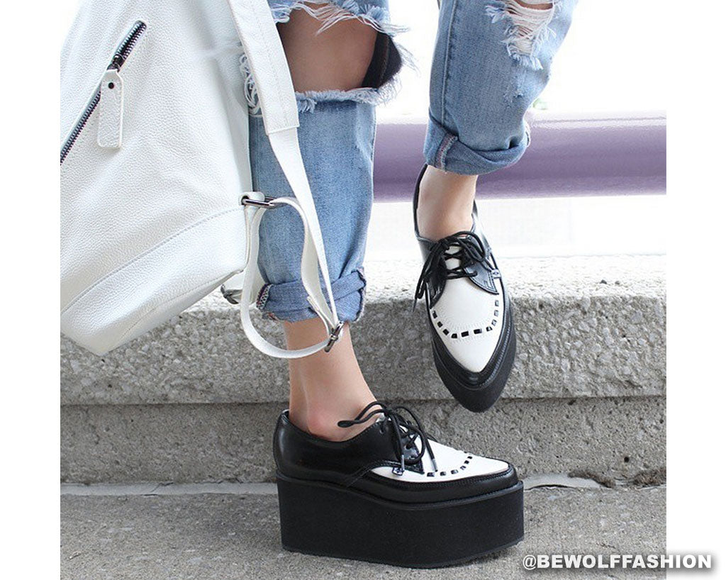 T.U.K BLACK/WHITE LEATHER EVA 3x STACK POINTED CREEPER