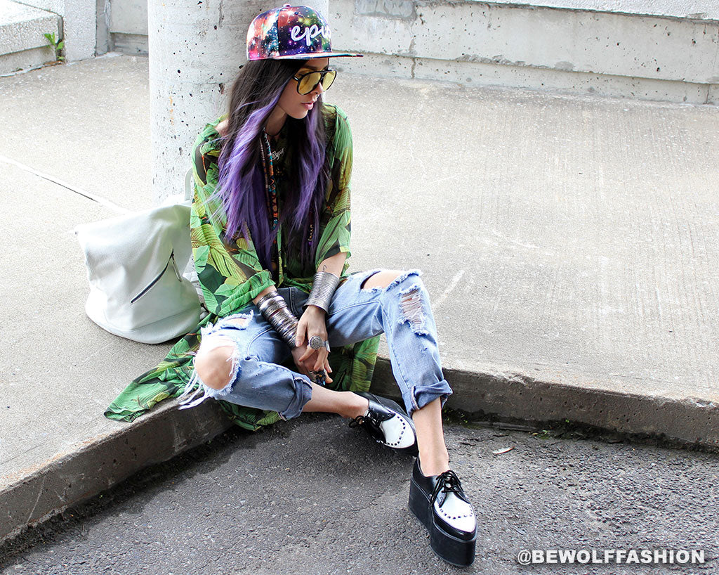 T.U.K BLACK/WHITE LEATHER EVA 3x STACK POINTED CREEPER