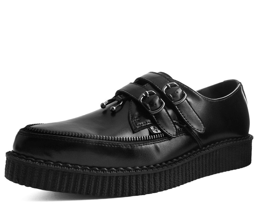 T.U.K BLACK LEATHER 2 BUCKLE/ZIP/BODY JEWELRY POINTED CREEPER