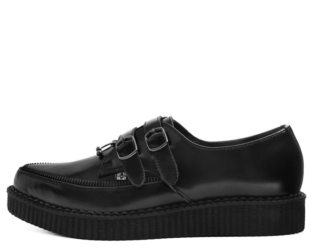 T.U.K BLACK LEATHER 2 BUCKLE/ZIP/BODY JEWELRY POINTED CREEPER