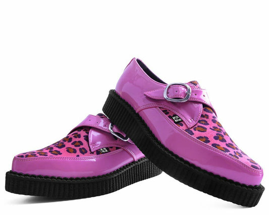 T.U.K PINK PATENT/PINK LEOPARD MONK BUCKLE POINTED CREEPER