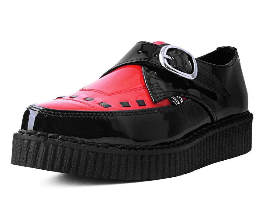 BLACK/RED PATENT MONK BUCKLE POINTED CREEPER
