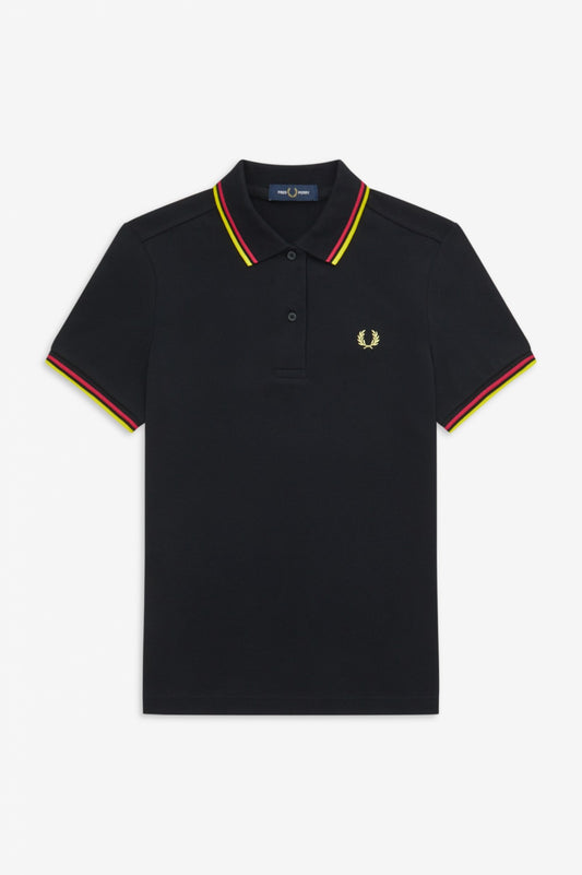 LADIES TWIN TIPPED FRED PERRY SHIRT (BLACK/LOVE POTION/GOLDEN KIWI)