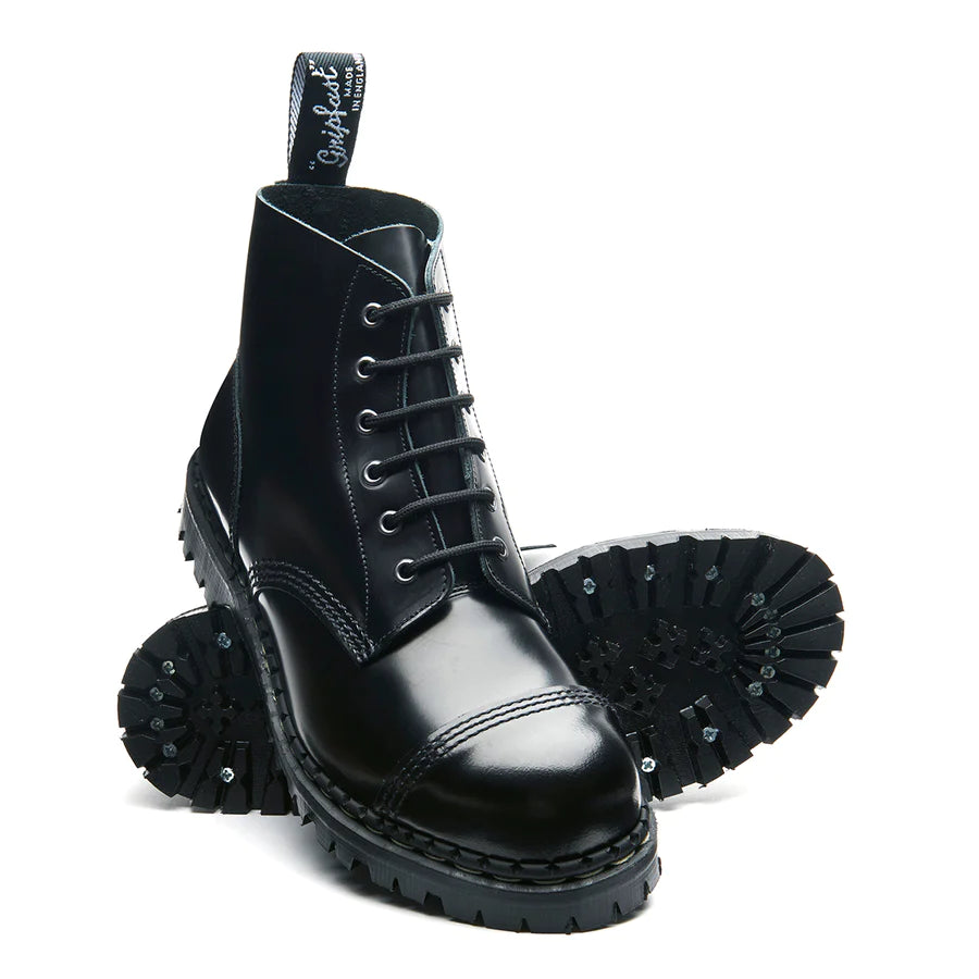GRIPFAST Black Hi-Shine 6 Eye Steel Toe Capped Derby Boot