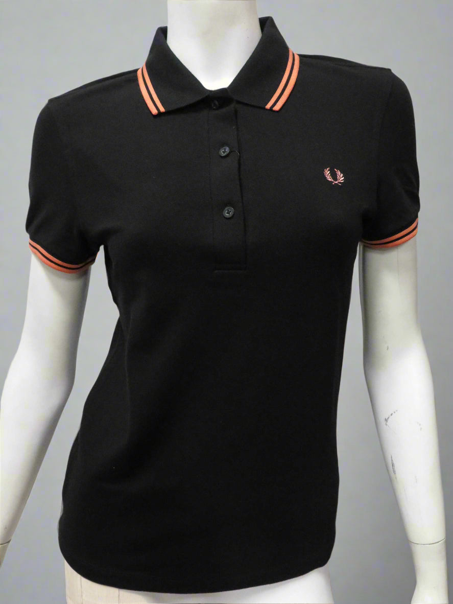 LADIES TWIN TIPPED FRED PERRY SHIRT (BLACK/PEACH)